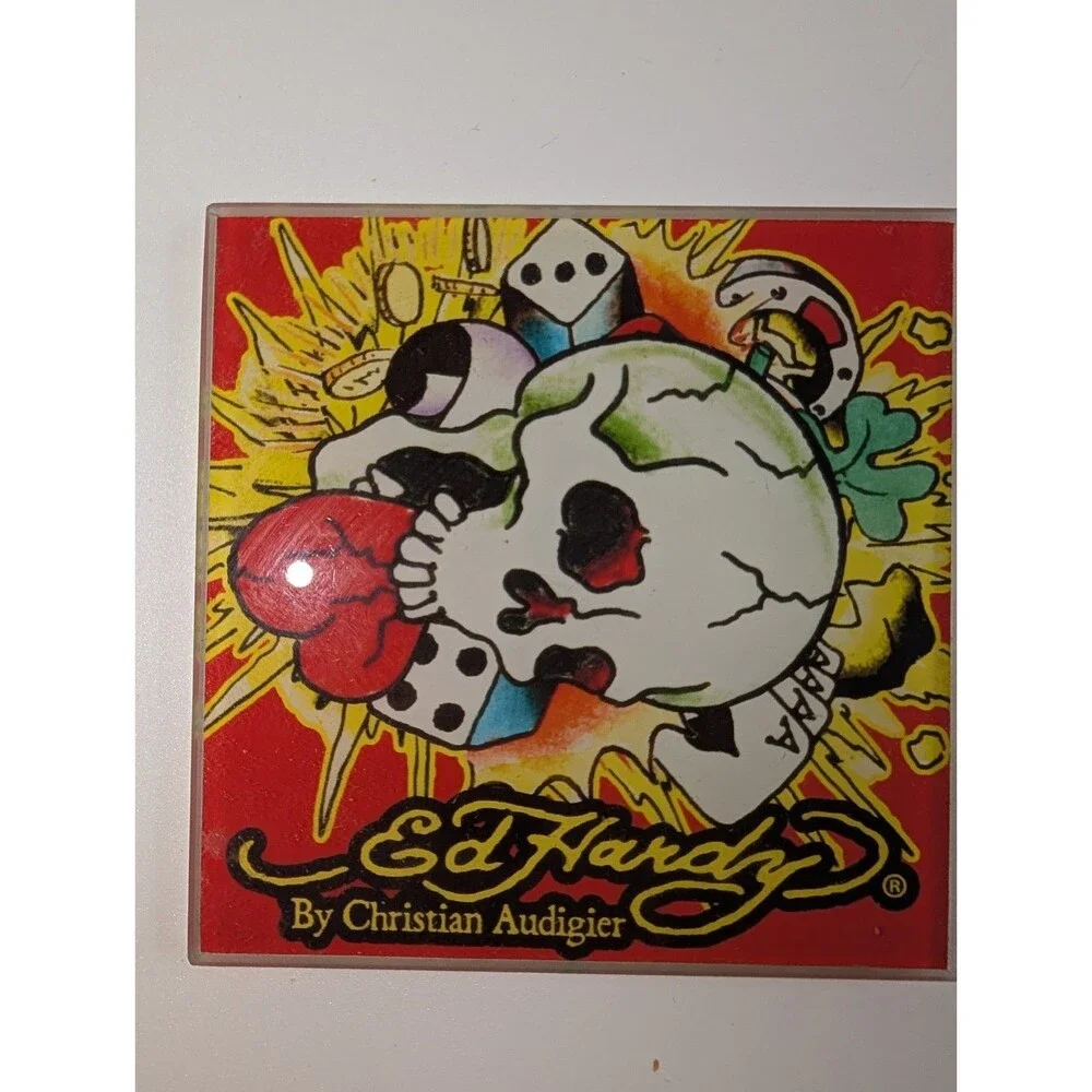Ed Hardy Christian Audigier Glass Art Tiles Coasters Skull Dog Decor Set of 2